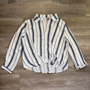 Striped Button-Up High-Low Longsleeve Blouse